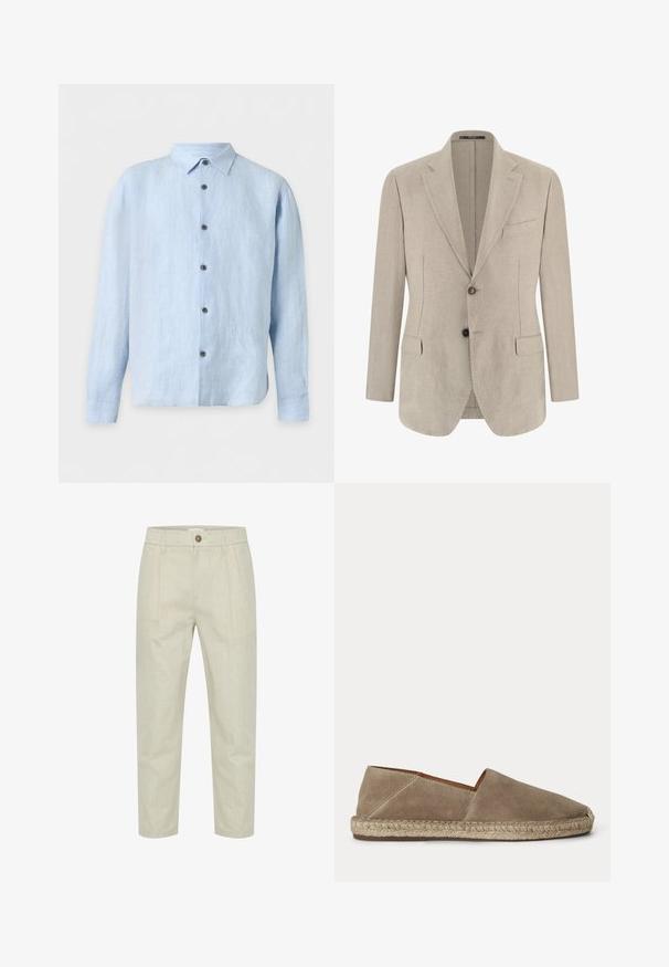 Blazer beige pour homme à simple boutonnage avec revers crantés, deux poches à rabat à l'avant, une poche poitrine et deux boutons.; Chemise bleu clair à manches longues avec col classique et boutons foncés au devant sur fond blanc.; Pantalon gris clair en tissu texturé, avec une fermeture à bouton sur le devant, un design plissé et une longueur coupée.; Chaussure espadrille en daim beige avec semelle en jute tressée et bout fermé arrondi, vue de côté sur un fond uni.