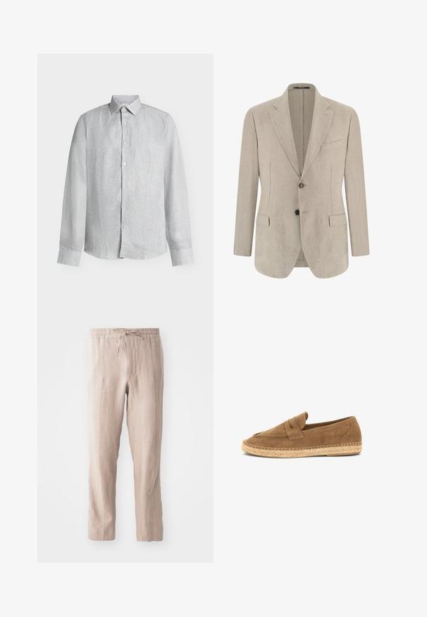 Blazer beige pour homme à simple boutonnage avec revers crantés, deux poches à rabat à l'avant, une poche poitrine et deux boutons.; Chemise à manches longues avec boutons, fines rayures verticales grises et blanches et col classique, présentée sur un fond uni.; Pantalons en lin beige avec une taille élastique et un cordon de serrage. Design à jambe droite avec une texture douce et un style minimaliste.; Mocassin en daim marron avec semelle en jute tressé et détail de lanière penny, conçu pour une tenue décontractée.