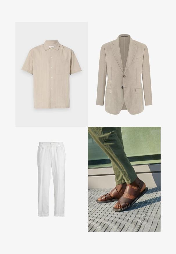 Blazer beige para hombre de un solo pecho con solapas con muesca, dos bolsillos frontales con solapa, un bolsillo en el pecho y dos botones.; Camisa de manga corta en tejido beige claro con un patrón texturizado, cierre de botones y bolsillo de parche en el lado izquierdo del pecho. Diseño de cuello clásico.; Pantalones de lino blancos con cinturilla elástica y cierre de botón en la parte frontal. La tela presenta una textura suave y ligera con un diseño de pernera recta.; Sandalias de cuero marrón con un diseño de tiras, que presentan un detalle de hebilla, llevadas con pantalones verdes sobre una superficie texturizada.