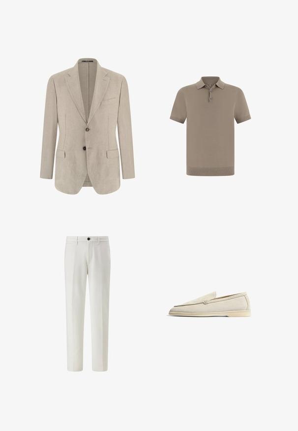 Blazer beige pour homme à simple boutonnage avec revers crantés, deux poches à rabat à l'avant, une poche poitrine et deux boutons.; Polo couleur taupe avec une finition texturée, manches courtes et col. Comprend une patte de boutonnage à trois boutons et des poignets côtelés.; Pantalons tailleur blancs en tissu lisse, dotés d'une fermeture zippée, d'un bouton de fermeture et de poches latérales avec une coupe droite.; Scarosso LUDOVICO - Chaussons - sand suede