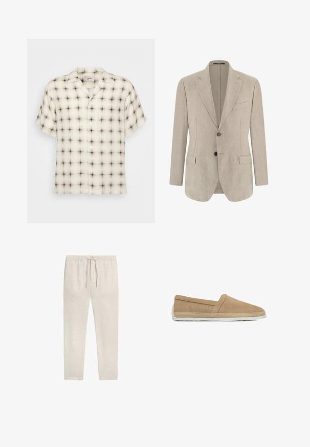 Beige einreihiges Herren-Sakko mit Kerbkragen, zwei vorderen Pattentaschen, einer Brusttasche und zwei Knöpfen.; Kurzarm-Hemd mit Knopfleiste in hellem Creme mit einem schwarz-grauen Karomuster, ausgestattet mit einem Camp-Kragen und einer einzelnen Brusttasche.; Beige, leichte Leinenhose mit elastischem Bund, Knopfverschluss und Kordelzug, gerader Schnitt und knöchellang.; Beiger Slip-On Freizeitschuh mit Wildlederoberteil, geflochtenem Jutebesatz rund um die Sohle und weißer Gummisohle.