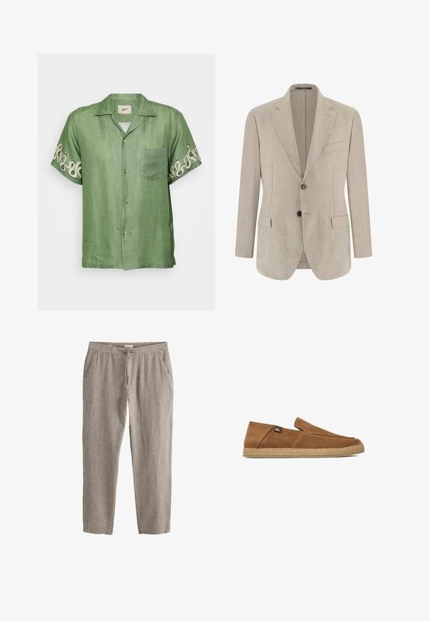 Beige enkelrijjksoverhemd herenblazer met ingesneden revers, twee voorflapzakken, één borstzak en twee knopen.; Korte mouwen groene linnen shirt met een knoopsluiting aan de voorkant, een opgestikt zakje en een ingewikkeld crèmekleurig spiraalpatroon op de mouwen. Lichtgewicht en ademend materiaal.; Lichtbruine linnen broek met elastische taille, trekkoord en zijzakken, plat neergelegd op een witte achtergrond.; Bruine suède instapschoen met gevlochten jutezool en klein stoffen logo-label aan de zijkant, zijaanzicht op witte achtergrond.
