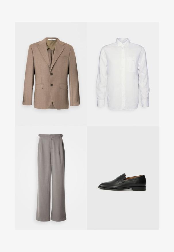 Brauner einreihiger Herrenblazer mit Revers mit Kerbe, zwei vorderen Pattentaschen, Brustleistentasche und Zwei-Knopf-Verschluss.; Langärmliges, weißes Hemd aus Baumwolle mit Button-Down-Kragen, Fronttasche und normalem Schnitt. Strukturierter Stoff mit glatter Oberfläche.; Hellgraue, weite Hosen aus gewebtem Stoff. Mit Falten an der Taille und Gürtelschlaufen. Glatte Textur und langes Design.; Schwarze Leder-Slipper mit runder Zehenform, dezenten gestickten Details und niedrigem Absatz, ausgestattet mit glatter Textur und minimalistischem Design.