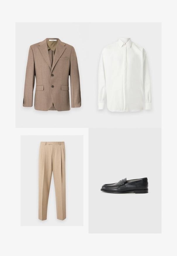 Brun enkeltknappet herreblazer med notch revers, to front flap lommer, brystlomme og lukning med to knapper.; Hvid langærmet skjorte med knapper, spids krave og knapmanchetter, vist fladt på en lysegrå baggrund.; Beige skræddersyede bukser med frontplisser, bæltestropper og lige ben, vist mod en ensartet lys baggrund.; Sorte læder loafers med en glat finish, rund tå, dekorativ rem og minimalistisk design. Har en lav blokhæl.
