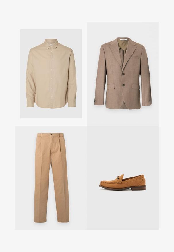 Bruine herenenkelrijjige blazer met notch revers, twee voorzakken met klep, borstzak en twee knopen sluiting.; Selected Flannel - Overhemd - pure cashmeredetail:mixed w. oatmeal; Khaki broek met een rechte pijpdesign, gemaakt van katoen; heeft een enkele knoopsluiting en twee voorplooien.; Lichtbruine suède herenslipper met metalen bitdetail en gestikte moc-toe, profielweergave op een effen witte achtergrond.