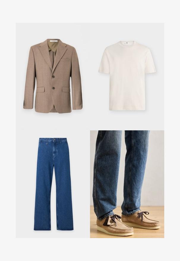 Brauner einreihiger Herrenblazer mit Revers mit Kerbe, zwei vorderen Pattentaschen, Brustleistentasche und Zwei-Knopf-Verschluss.; Schlichtes weißes T-Shirt mit kurzen Ärmeln und Rundhalsausschnitt mit einem kleinen Stoffetikett am Halsausschnitt auf neutralem Hintergrund.; Blaue Jeans mit weitem Bein, Gürtelschlaufen, Knopfverschluss und hoher Taille, flach auf hellem Hintergrund gezeigt.; Wildleder-Mokassins in Tan mit dunkelbraunen Akzenten, runder Zehenform und weichem weißen Fußbett. Sie verfügen über ein Schnürdesign und gestickte Details.
