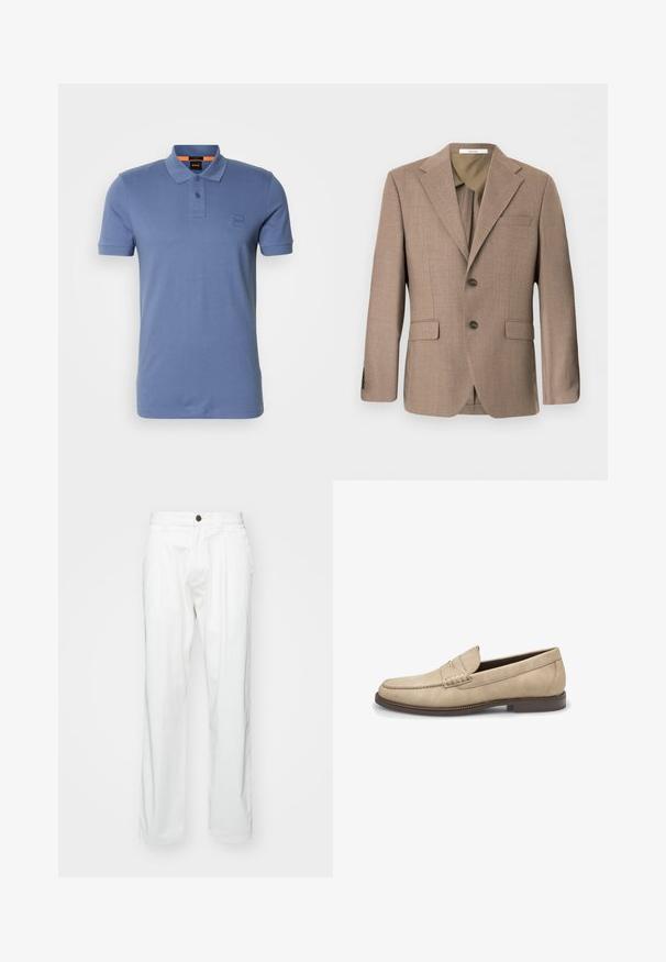 Brun enkeltknappet herreblazer med notch revers, to front flap lommer, brystlomme og lukning med to knapper.; Blå bomulds polo-shirt med klassisk krave, to-knap lukning og et lille logo-patch på brystet. Korte ærmer og normal pasform.; Hvide bomuldsbukser med en afslappet pasform, der har knaplukning, to frontfoldninger og sidelommer. Glat tekstur, ingen mønstre.; Beige loafers i ruskind med rundet tå, syninger på vristen og en kontrasterende brun gummisål. Klassisk slip-on design.