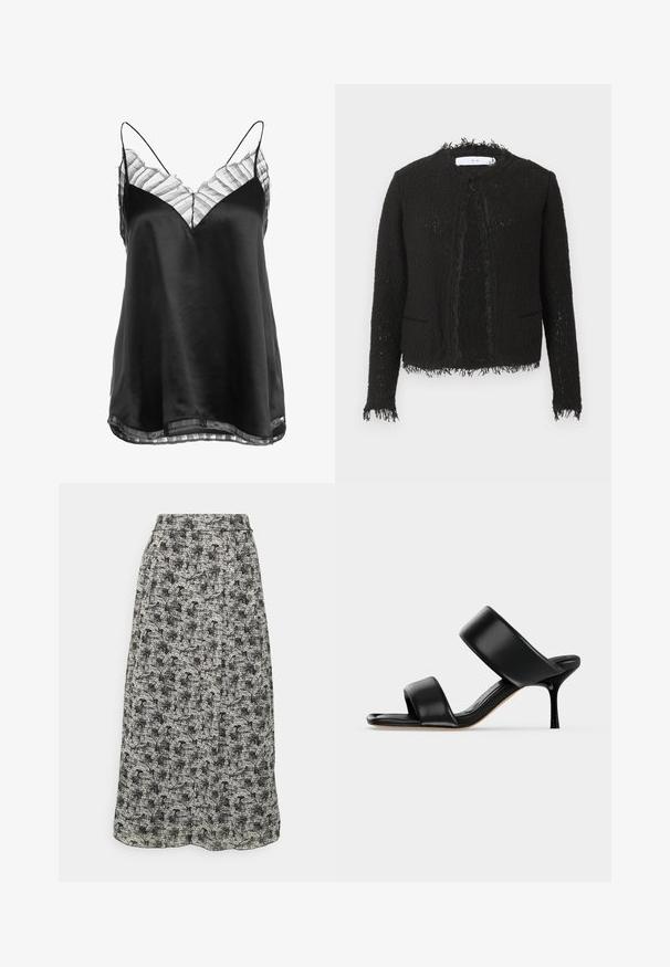 Veste noire texturée pour femme, ouverte sur le devant, avec manches longues et bords effilochés aux poignets, à l'ourlet et au col.; Camisole en satin noir avec un décolleté en V et une bordure en dentelle rayée transparente le long du col et de l'ourlet, avec de fines bretelles ajustables.; DRYKORN MITANA - Jupe trapèze - black; Sandale mule en cuir noir avec deux larges brides et un talon stiletto fin de hauteur moyenne sur un fond clair uni.