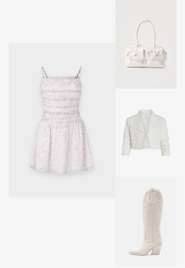Veste blanche courte avec un col surdimensionné, des manches froncées et une texture de tissu lisse. L'étiquette à l'intérieur indique "VILA."; Robe à imprimé floral avec des bretelles spaghetti en violet clair et vert. Corsage ajusté avec texture plissée, jupe fluide en tissu léger.; Bottine de cowboy en cuir blanc avec un bout pointu et un talon bloc. Présente des motifs de broderie complexes sur la tige et une texture lisse.; Sac à main synthétique blanc avec deux poches avant, chacune ornée d'un nœud noué. Texture lisse, anses arrondies et fermeture zippée.