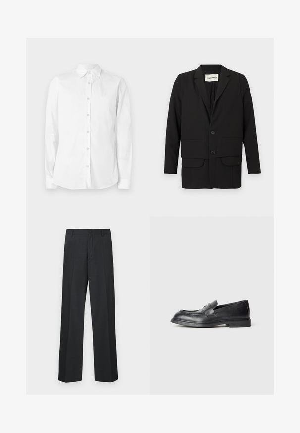 Sort blazer med slagkrave, to forlommer, dobbeltknappet lukning og en lige snit. Fremstillet af et glat stof.; Hvid langærmet skjorte med knapper, lavet af bomuld. Har en spids krave og et lille broderet logo på brystet. Glat tekstur.; Mørkegrå bukser med lige ben, lavet af tekstureret stof, med enkel knaplukning og sidelommer.; Sorte læder loafers med en struktureret finish, der har en dekorativ frontrem og en rundet tå. Gummisål for holdbarhed.