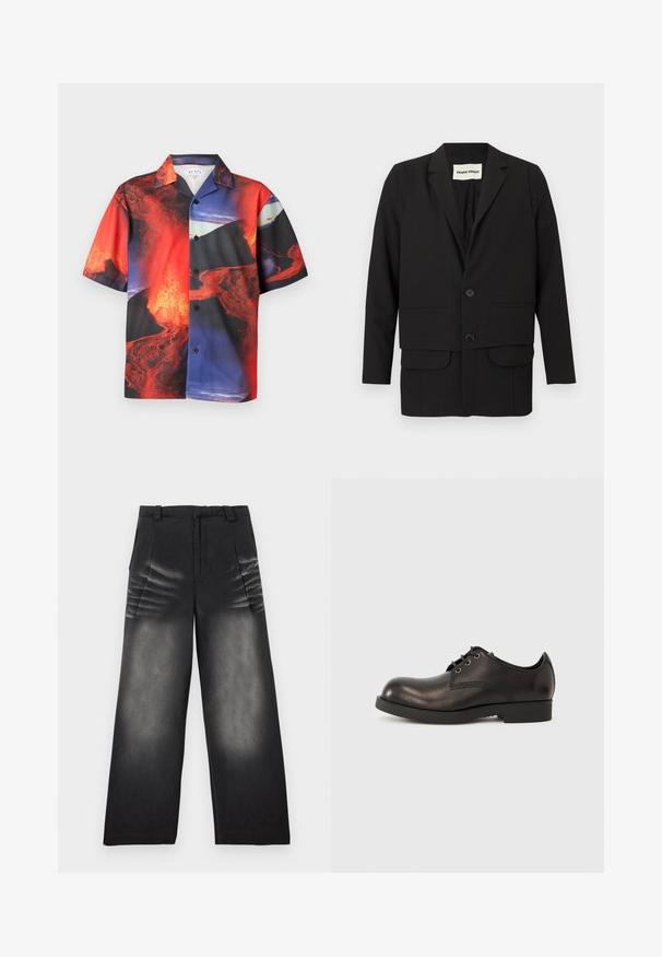 Blazer noir avec un col à revers cranté, deux poches avant, fermeture à double bouton et coupe droite. Confectionné dans un tissu lisse.; Chemise à manches courtes boutonnée avec imprimé vif de coulées de lave rouge, noire et bleue et éruption volcanique sur tissu léger.; Pantalon en denim noir à jambes larges avec détails délavés sur les cuisses et plis à l'avant, doté de passants pour ceinture et d'une fermeture éclair à l'avant.; Chaussure habillée en cuir noir avec un bout arrondi, des coutures minimales, un petit talon en caoutchouc et maintenue par des lacets noirs.