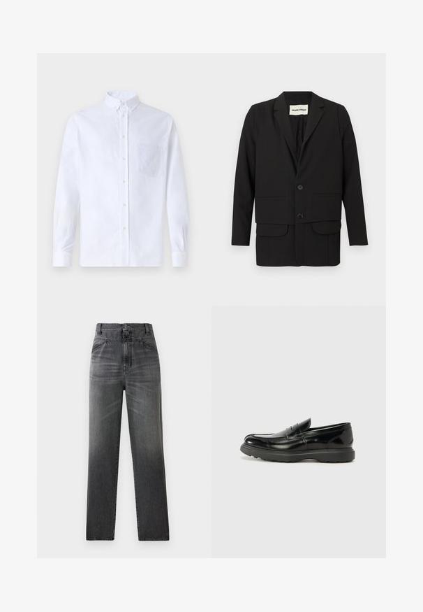 Sort blazer med slagkrave, to forlommer, dobbeltknappet lukning og en lige snit. Fremstillet af et glat stof.; Hvid langærmet skjorte med knapper lavet af bomuld, med en brystlomme med tonal broderi, krave og knapmanchetter.; Mørkegrå denimjeans med høj talje, lige ben-design og en falmet tekstur med frontlommer og en enkelt knaplukning.; Sort læderloafer med en blank finish, rund tå, subtile syninger og en tyk gummisål for holdbarhed.