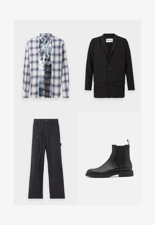 Sort blazer med slagkrave, to forlommer, dobbeltknappet lukning og en lige snit. Fremstillet af et glat stof.; Langærmet skjorte i blå og hvid tern med et centralt lodret panel af skinnende sølvperler fra krave til nederdel.; Sorte cargo-bukser lavet af slidstærkt stof med lige ben-design, der har forlommer, trykknapper og side-nytte lommer.; Sort læder ankelstøvle med glat overflade, elastiske sidepaneler og en trækstrop. Rund tå og flad gummisål med minimal mønster.