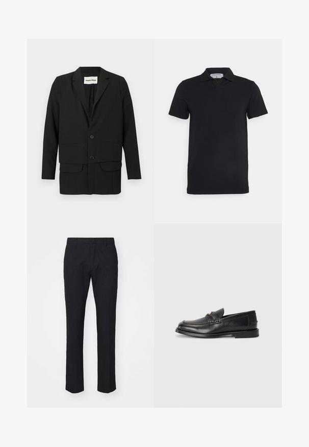 Sort blazer med slagkrave, to forlommer, dobbeltknappet lukning og en lige snit. Fremstillet af et glat stof.; Sort kortærmet polo-shirt med klassisk krave, lavet af glat stof. Har et mærke med brandnavnet 'Filippa K' ved halsudskæringen.; Marinebukser i skræddersyet snit, lavet af glat stof. Har flad front, bæltestropper og lige ben med en ren kant.; Sorte læder loafers har en afrundet tå, syede detaljer og en lille gylden accent foran. Sålen er flad og diskret.