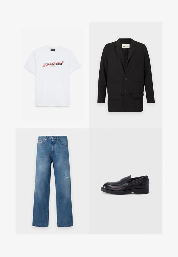 Zwarte blazer met een reverskraag, twee voorzakken, dubbele knoopsluiting en een rechte snit. Gemaakt van een gladde stof.; Witte katoenen T-shirt met korte mouwen, voorzien van een zwart en koraal grafisch ontwerp. De tekst luidt: "DE KOOPLES? WAT?" en "PARIJS."; Blauwe denim jeans met een rechte pijp, lichte slijtage aan de rechterdij, vijfzakkenmodel en een tailleband met knoopsluiting.; Zwarte leren loafer met lage hak en band over de wreef, met een gegraveerd logo op de band, weergegeven in zijaanzicht op een witte achtergrond.