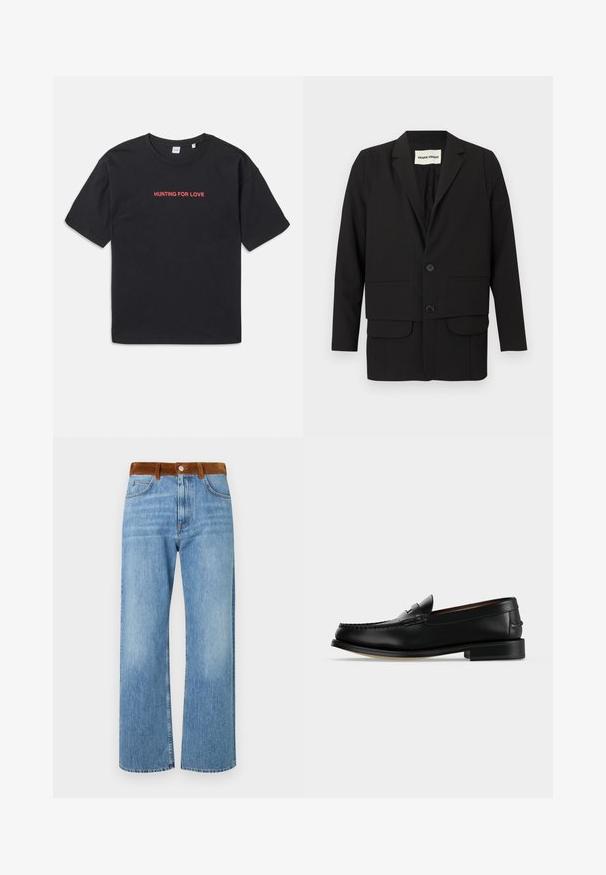 Blazer noir avec un col à revers cranté, deux poches avant, fermeture à double bouton et coupe droite. Confectionné dans un tissu lisse.; T-shirt en coton noir à manches courtes, arborant le texte rouge "HUNTING FOR LOVE" brodé sur la poitrine. Coupe simple et décontractée.; Jeans en denim bleu clair avec une coupe droite, dotés d'une taille en suède marron, de poches avant et d'une fermeture éclair.; Mocassin homme en cuir noir avec un petit talon et une couture de style mocassin sur l'avant, vu de côté sur un fond uni.