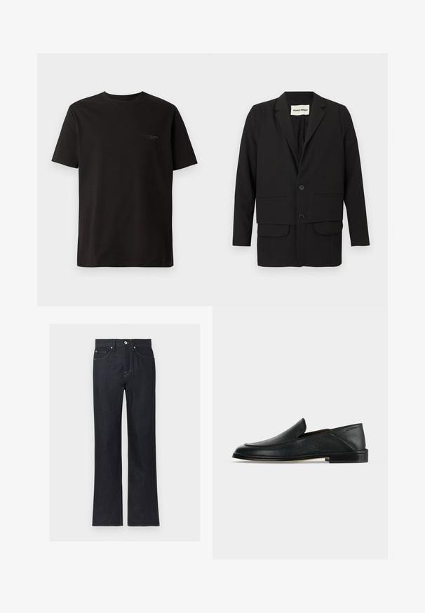Blazer negro con cuello de solapa, dos bolsillos delanteros, cierre de doble botón y diseño de corte recto. Fabricado con una tela suave.; Camiseta negra de manga corta hecha de algodón. Presenta un cuello redondo y un sutil logo en el área del pecho izquierdo. Textura suave.; Vaqueros azul oscuro de corte recto, con bolsillos delanteros, cierre de botones y costuras visibles sobre un fondo claro y liso.; Mocasín de cuero negro sin cordones con tacón bajo y puntera redondeada, mostrado sobre un fondo blanco liso.