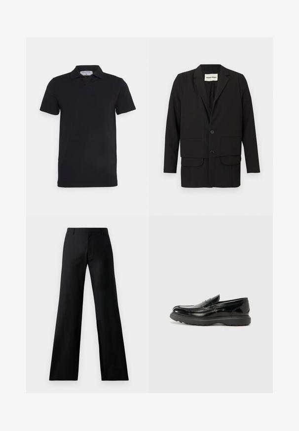 Zwarte blazer met een reverskraag, twee voorzakken, dubbele knoopsluiting en een rechte snit. Gemaakt van een gladde stof.; Zwart polosjaal met korte mouwen en een klassieke kraag, gemaakt van gladde stof. Heeft een label met de merknaam 'Filippa K' op de hals.; Zwarte wijde broek gemaakt van een gladde stof. Heeft een middelhoge tailleband en plooien aan de voorkant, wat zorgt voor een getailleerd silhouet.; Zwarte leren instapper met een glanzende afwerking, een ronde neus, subtiele stiksels en een dikke rubberen zool voor duurzaamheid.