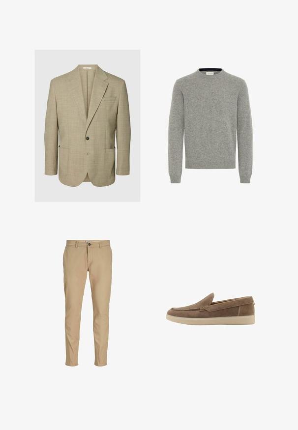 Blazer beige à un bouton avec revers crantés, deux poches plaquées sur le devant et une poche poitrine passepoilée, présenté sur un fond uni.; Pull gris à col rond en tissu tricoté doux, avec des manches longues et des poignets et un ourlet côtelés. Design simple et classique dans l'ensemble.; Pantalon beige slim pour homme avec passants de ceinture, fermeture à boutons à l'avant et poches latérales sur fond blanc.; Mocassin marron en daim sans lacets avec semelle en caoutchouc beige et surpiqûres, vu de côté sur fond blanc.