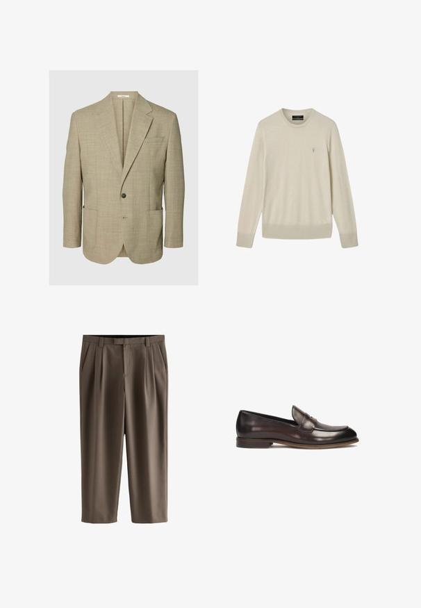 Blazer beige de un botón con solapas con muesca, dos bolsillos frontales de parche y un bolsillo en el pecho, mostrado sobre un fondo liso.; Suéter beige de manga larga con cuello redondo, puños y dobladillo acanalados, con un pequeño logo bordado en el pecho izquierdo.; Pantalones cortos marrones con trabillas para cinturón, bolsillos laterales, cremallera frontal y pinzas en ambas piernas.; Mocasines de cuero marrón oscuro con punta redondeada, detalle de costura elevada y un pequeño tacón. Textura suave y diseño clásico.