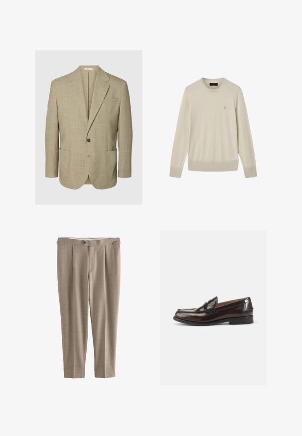 Blazer beige de un botón con solapas con muesca, dos bolsillos frontales de parche y un bolsillo en el pecho, mostrado sobre un fondo liso.; Suéter beige de manga larga con cuello redondo, puños y dobladillo acanalados, con un pequeño logo bordado en el pecho izquierdo.; Pantalones rectos beige con una textura suave, cierre de un solo botón y dos pliegues frontales, con pasadores para cinturón y sin bolsillos.; Mocasines de cuero marrón con un acabado brillante, un diseño cosido en la punta y un tacón bajo. Detalle de marca en relieve en el lateral.
