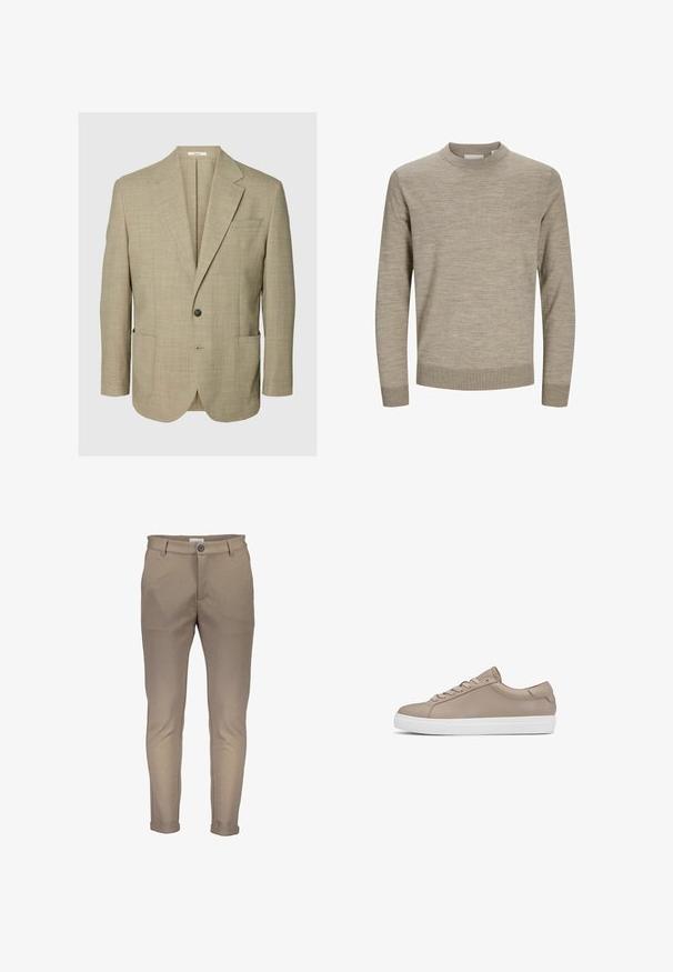 Beige blazer med enkelt knap, hakkede revers, to forlommer med påsyede poser og brystlomme, vist på en ensfarvet baggrund.; Beige langærmet rundhalset sweater med ribstrikkede ærmekanter og kant, vist på hvid baggrund.; Beige bomuldsblanding bukser med en tætsiddende pasform, der har knaplukning, bæltestropper og opviklede manchetter. Glat tekstur med rene syninger.; Beige læder-sneaker med rundet tå, hvid sål og minimalistisk design. Har runde snørrebånd og diskrete syningsdetaljer.