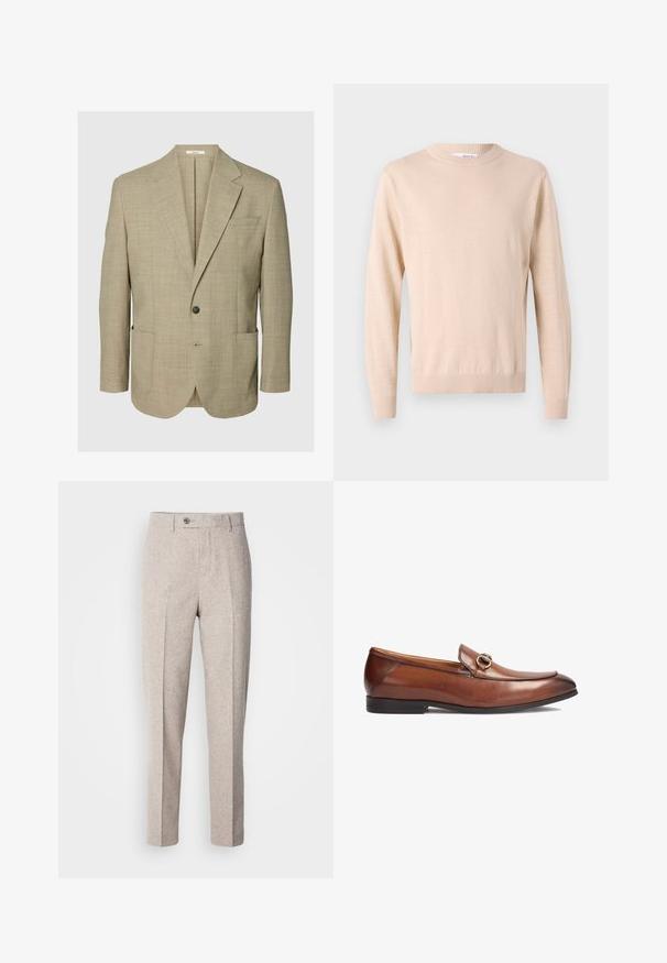 Beige blazer med enkelt knap, hakkede revers, to forlommer med påsyede poser og brystlomme, vist på en ensfarvet baggrund.; Beige strikket trøje med rund halsudskæring, lange ærmer, ribbede manchetter og kant, lavet af blødt stof, med en glat tekstur.; Lys beige uldslynger med en glat tekstur, lige snit, frontfolder og en enkelt knaplukning i taljen.; Brune læder loafers med rund tå, syningsdetaljer og en dekorativ metalspændeaccent foran. Gummisol.