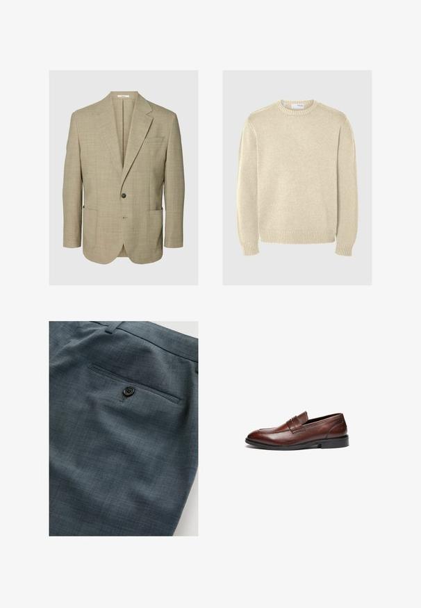 Beige blazer med enkelt knap, hakkede revers, to forlommer med påsyede poser og brystlomme, vist på en ensfarvet baggrund.; Lys beige striktrøje med rund halsudskæring, lange ærmer, ribbede manchetter og kant. Glat tekstur med et mellemtykt mønster.; Nærbillede af mørkegrå teksturerede bukser med baglomme, enkelt sort knap og bæltestrop ovenover.; Brune læder loafers med en glat finish, rund tå, dekorativ rem og sort gummisål. Har minimal syning detaljer.