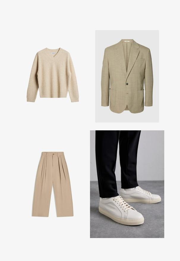 Beige blazer met een enkele knoop, met inkepingsrevers, twee opgestikte voorzakken en een borstzak, afgebeeld op een effen achtergrond.; Beige, geribbelde trui met V-hals en lange mouwen. Heeft een ontspannen pasvorm en een gestructureerde stof voor extra warmte en comfort.; Beige wijde broek met hoge taille, plooien, lussen voor een riem en een knoopsluiting aan de voorkant.; Lichtbeige leren sneakers met platte veters, een gestructureerd oppervlak en een contrasterende crème-kleurige rubberen zool, gecombineerd met zwarte taps toelopende broek.