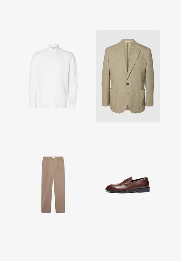 Blazer beige de un botón con solapas con muesca, dos bolsillos frontales de parche y un bolsillo en el pecho, mostrado sobre un fondo liso.; Camisa blanca de manga larga hecha de lino, con cuello abotonado, botones en el frente y un ajuste relajado con puños rectos.; Pantalones beiges a medida con perneras rectas, con pliegues frontales y una textura suave. De tiro medio con una cinturilla segura y sin herrajes visibles.; Mocasines de cuero marrón con un acabado suave, puntera redondeada, tira decorativa y suela de goma negra. Presentan un detalle de costura mínima.