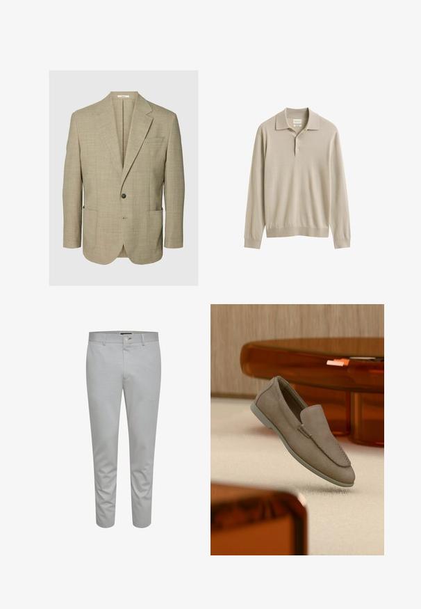 Beige blazer met een enkele knoop, met inkepingsrevers, twee opgestikte voorzakken en een borstzak, afgebeeld op een effen achtergrond.; Beige poloshirt met lange mouwen, kraag en twee knopen, geribde manchetten en zoom, gladgebreide stof en GANT merklabel in de kraag.; Lichtgrijze op maat gemaakte broeken met een gladde textuur, voorzien van een knoopsluiting, riemlussen en voorzakken. Cropped enkellange ontwerp.; Beige suède instapschoen met zichtbare stiksels en lichte zool, geplaatst bovenop een crèmekleurig tapijt, met oranje doorschijnend meubilair op de achtergrond.