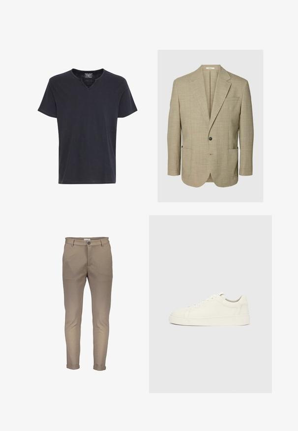 Beiger Ein-Knopf-Blazer mit Kerbkragen, zwei aufgesetzten Fronttaschen und einer Brustleistentasche, dargestellt auf einfachem Hintergrund.; Schwarzes T-Shirt mit kurzen Ärmeln und einem V-förmigen Ausschnitt, einfaches, schmuckloses Design, dargestellt auf weißem Hintergrund.; Beige Baumwollmischhosen mit schmaler Passform, versehen mit einem Knopfverschluss, Gürtelschlaufen und aufgerollten Beinen. Glatte Textur mit sauberer Naht.; Weißer Sneaker aus Leder mit niedrigem Schaft, Schnürverschluss und flacher Sohle vor einfarbigem hellgrauem Hintergrund, Seitenansicht.