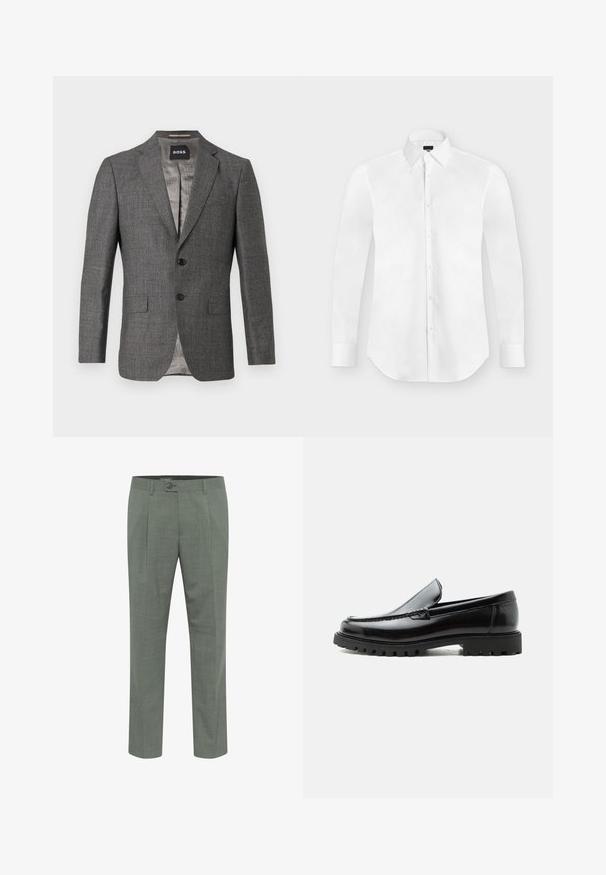 Grau Blazer mit subtilen Fischgrätmuster, zwei Knöpfen, Reverskragen und zwei Fronttaschen. Gefüttert mit einem hellgrauen Stoff.; Weißes, langärmliges Hemd mit Knöpfen und spitzem Kragen, flach auf einem hellgrauen Hintergrund liegend.; Maßgeschneiderte grüne Hosen mit strukturierter Oberfläche, ausgestattet mit einem einzelnen Knopfverschluss und einem gefältelten Vorderdesign. Gerader Beinabschluss.; Schwarzer Lederloafer mit grober Gummisohle, genähter Oberseite und geprägtem Markennamen an der Ferse, seitlich auf weißem Hintergrund gezeigt.