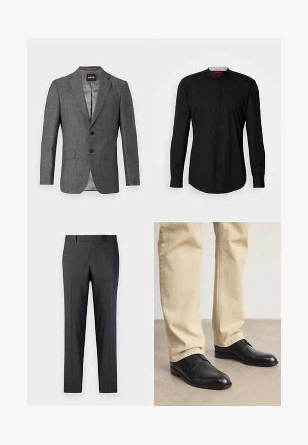 Grijze blazer met een subtiel herringbonepatroon, twee-knops sluiting, notch revers en twee voorkzakken. Gevoerd met een lichtgrijze stof.; Zwart shirt met lange mouwen en een mandarijnkraag, gemaakt van een gladde stof, met een knoopsluiting aan de voorkant en subtiele designdetails.; Op maat gemaakte donkergrijze broeken van een soepel, gestructureerd weefsel; heeft een vlakke voorkant en rechte pijpen; minimalistisch ontwerp zonder zichtbare accenten.; Zwarte leren veterschoenen met een ronde neus, een gladde afwerking en subtiele stikdetails, gedragen met lichtbeige broeken.