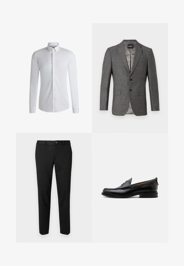 Blazer gris con un sutil patrón de espiga, cierre de dos botones, solapas de muesca y dos bolsillos frontales. Forrado con una tela de color gris claro.; Camisa blanca de manga larga hecha de tejido suave, con un cuello abotonado y una fila de botones en la parte delantera. Diseño simple.; Pantalones negros fabricados con una tela suave. Tienen un corte recto, un frente plano y un cierre de botón con un diseño sencillo en la cintura.; Mocasín de hombre de piel negra con costura moc toe, tira penny, cuello texturizado y tacón bajo apilado sobre fondo blanco.