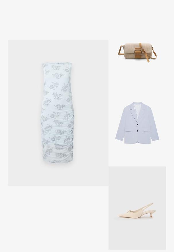 Even&Odd Blazer - light blue; Lyseblå ærmeløs kjole med et blomstermønster i grå. Har samlede detaljer langs siderne og en tætsiddende silhuet. Glat stofstruktur.; Spidsnæbbede slingback sko i off-white læder, med en lille sløjfedetalje og en lav kitten heel. Glat tekstur, minimalistisk design.; Beige vævet crossbody tasken med læderrem, frontspænde og rektangulært flaplukning mod en hvid baggrund.
