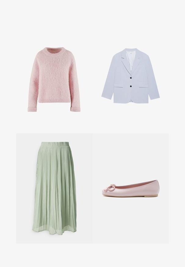 Even&Odd Blazer - light blue; Pull léger rose en matière douce et duveteuse. Présente un col rond et des poignets côtelés. Design simple et confortable sans motifs.; Jupe midi plissée en tissu vert clair avec une texture douce. Taille élastique, design fluide et léger éclat partout.; Ballerine en cuir verni rose clair avec bout arrondi, nœud en corde torsadée sur le devant et semelle basse beige sur fond blanc.