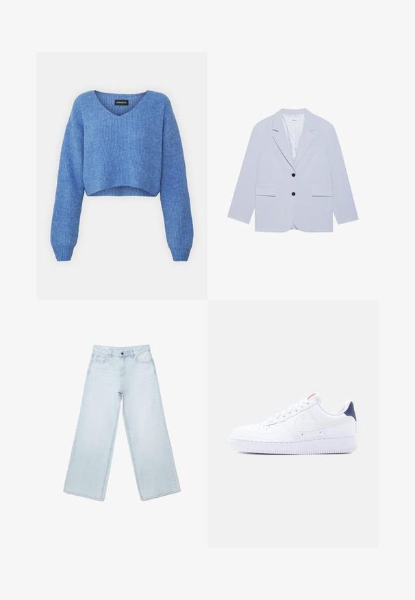 Even&Odd Blazer - light blue; Pull cropped bleu avec un décolleté en V, texture côtelée et manches longues. Fabriqué dans un matériau doux. Étiquette : even&odd.; Jean large en denim bleu clair avec poches avant, passants pour ceinture et fermeture par bouton.; Baskets basses blanches avec perforations sur la pointe, lacets blancs, logo swoosh blanc et languette de talon bleu foncé.