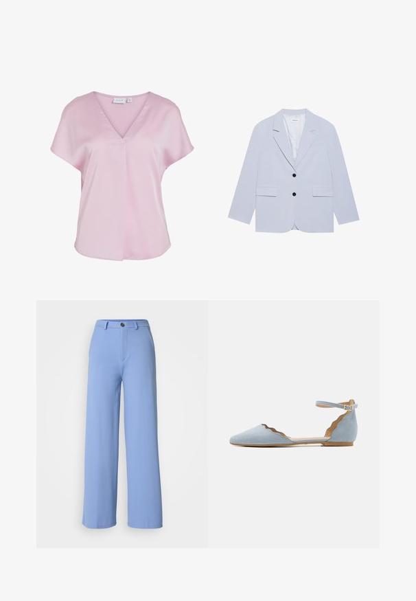 Even&Odd Blazer - light blue; Blusa rosa claro de manga corta con escote en V y corte suelto, hecha de tela suave, con un pequeño detalle de pliegue en la parte delantera.; Pantalones de pierna ancha de color azul claro, fabricados en un material suave. Cuentan con un cierre frontal con botón y trabillas para el cinturón, con un diseño entallado y líneas limpias.; Zapato plano de ante azul claro con bordes ondulados y una correa en el tobillo, con punta afilada y tacón bajo. Textura suave.