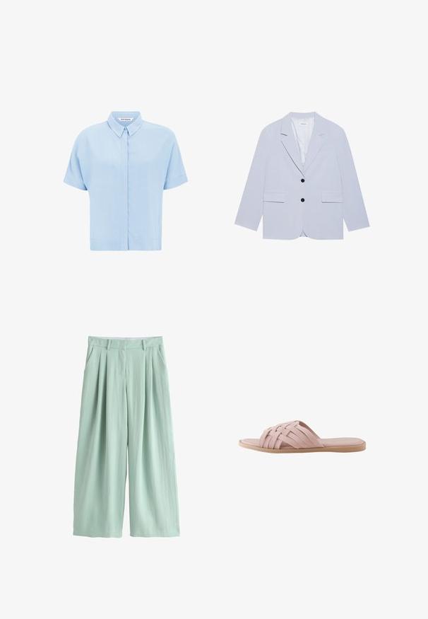 Even&Odd Bleiser - light blue; Hele sinine lühikeste varrukatega särgil on pehme kangas, nupuvajutusega ees ja klassikaline krae. Sile tekstuur ja mugav istuvus.; Hele-rohelised laiade sääretega püksid ees voltidega, vööaasadega, küljetaskutega ja peidetud eesmise kinnitusega.; Lamedad roosas toonis plätudega sandaal, millel on kootud seemisnahast ribad ja õhuke beež tallavõre, disainitud igapäevaseks kandmiseks.