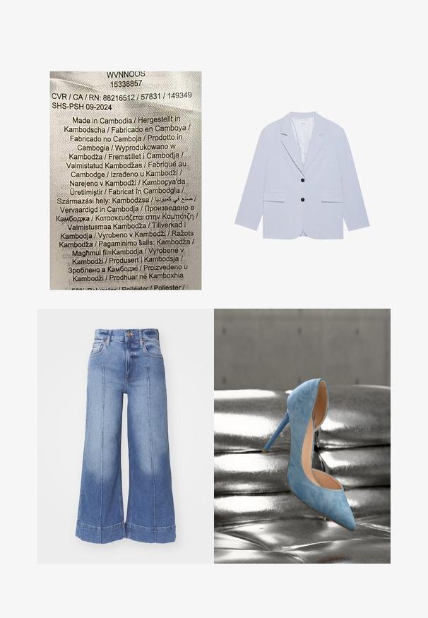 Even&Odd Blazer - light blue; Etikett mit mehrfarbigem Text auf einem hellen Stoffhintergrund. Listet Herstellungsdetails in verschiedenen Sprachen auf; hauptsächlich steht "Hergestellt in Kambodscha."; Weite Denim-Jeans in Hellblau, mit hoher Taille, ausgewaschenem Design, Fronttaschen und genähten Details entlang der Beine.; Ein einzelner hellblauer High-Heel-Schuh mit spitzer Kappe ruht auf einer glänzenden silbernen Lederoberfläche mit Steppung.