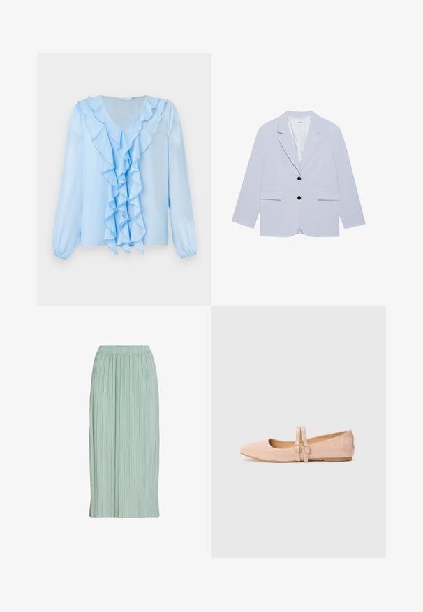 Even&Odd by Zalando Blazer - light blue; Blusa azul claro con escote en V y detalle de volantes en el frontal. Las mangas largas tienen puños elásticos, y la tela parece suave y ligera.; Falda midi plisada de color verde claro con cintura elástica, corte recto y tejido ligero.; Bailarinas de charol rosa pálido con punta afilada, que presentan dos correas ajustables y una suela de goma baja y plana.