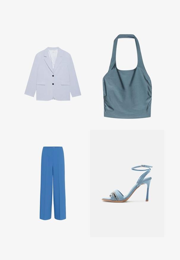 Even&Odd by Zalando Blazer - light blue; Halter-top i en afdæmpet blå farve, lavet af glat, skinnende stof med siderynkninger og firkantet udskæring.; Blå brede bukser lavet af glat stof, med en frontfold og flad talje uden synlige lukninger.; Lys blå denim-højhælet sandal med ankelrem, åben tå og sølv lynlås samt charm-detalje på frontstroppen.