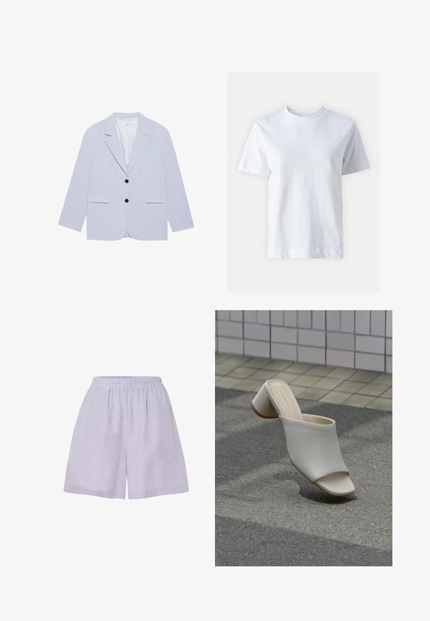 Even&Odd Blazer - light blue; T-shirt de algodón blanco con cuello redondo, mangas cortas, corte recto y textura suave. Sin patrones ni adornos.; Pantalones cortos de lavanda clara hechos de una tela suave, con una cinturilla elástica y un corte relajado, presentando un diseño simple y sin adornos.; Un zapato mule blanco abierto en la punta con tacón ancho sobre suelo pavimentado cerca de una pared de azulejos, inclinado para mostrar vistas lateral y superior.