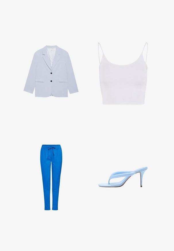 Even&Odd by Zalando Blazer - light blue; Camiseta sin mangas blanca con tirantes delgados ajustables, un diseño ceñido y una textura suave y elástica sin patrones ni adornos.; Pantalones de chándal azules hechos de tejido suave, con cinturilla elástica y cordón, dos bolsillos frontales y un diseño de pierna ajustada.; Sandalia de tacón alto de color azul claro con suela delgada, tiras finas acolchadas y tacón de aguja rígido, mostrada de lado sobre fondo blanco.