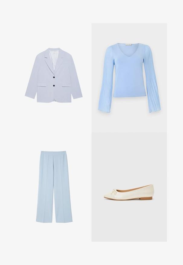 Even&Odd by Zalando Blazer - light blue; Top de manga larga azul claro con escote en V y mangas plisadas acampanadas, exhibido sobre un fondo liso.; Pantalones de pierna ancha en azul claro, confeccionados en una tela suave; cuentan con un frente plano con pliegues para dar estructura y sin cierres visibles.; Bailarina de piel crema con puntera redondeada y un pequeño lazo en la parte delantera. Cuenta con un bajo tacón de goma color marrón y una textura suave.