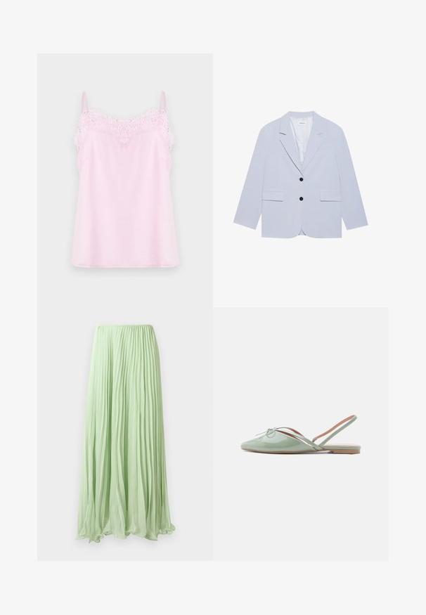Even&Odd by Zalando Blazer - light blue; Camisole rose avec des bretelles réglables, ornée d'une délicate bordure en dentelle le long de l'encolure et d'une texture de tissu lisse et doux.; Jupe longue plissée vert clair avec un tissu fluide et une taille élastique, présentée sur un fond blanc.; Chaussure plate brillante vert pâle à bout pointu avec bride arrière et petit nœud décoratif sur le dessus, vue de profil sur fond blanc.
