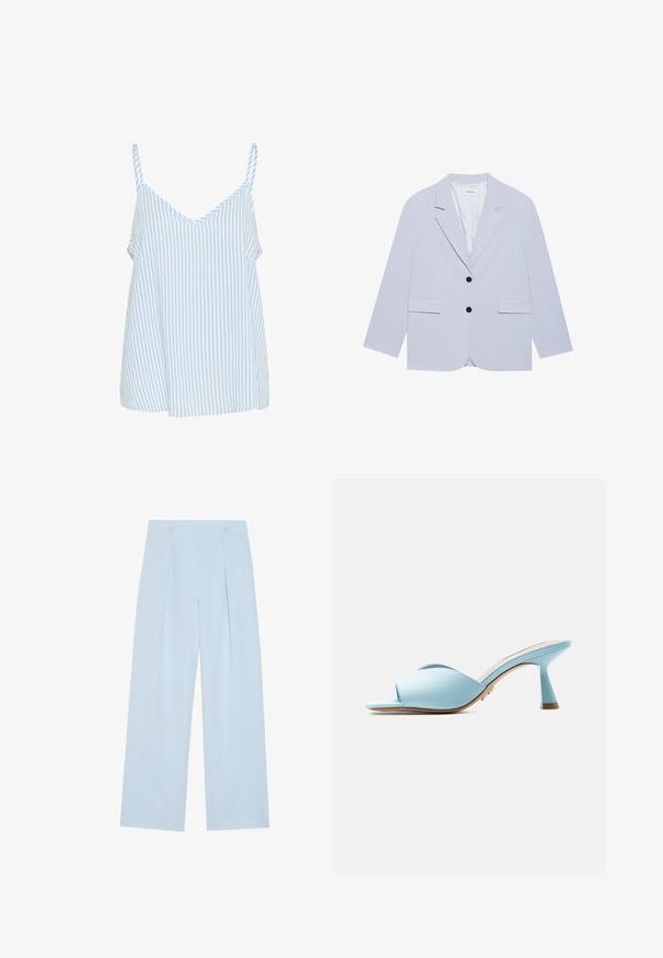 Even&Odd Blazer - light blue; Blauw en wit gestreepte tanktop met dunne schouderbandjes, met een V-hals ontwerp en een losse, vloeiende vorm. Zachte stof textuur.; Lichtblauwe brede broek met twee voorplooien, twee knopen op de tailleband en een gladde stofstructuur.; Lichtblauwe open-teen mule met brede gekruiste bandjes en een uitlopende hak van gemiddelde hoogte, zijaanzicht op witte achtergrond.