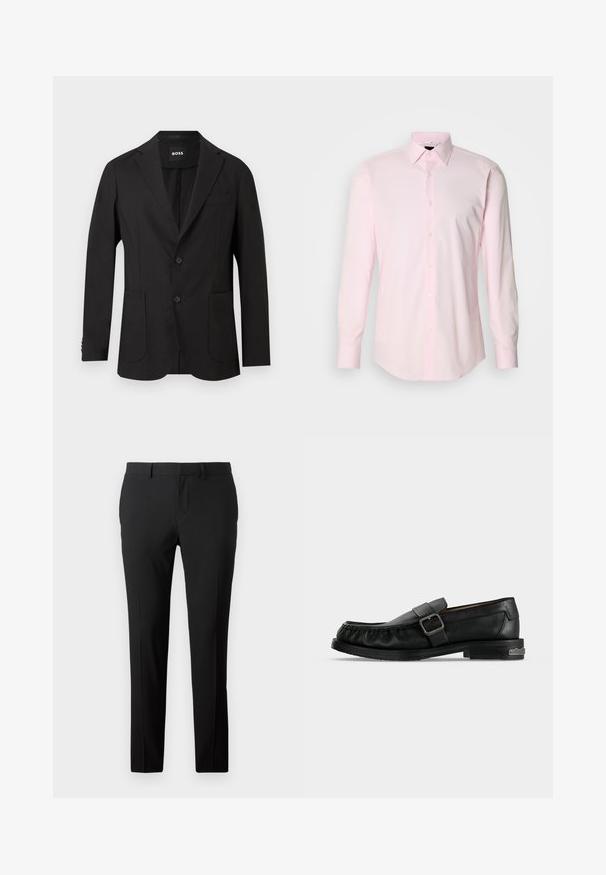 Sort to-knaps blazer med slag, to forlommer, brystlomme og "BOSS"-label inde i kraven.; Lyserød skjorte med knaplukning, lange ærmer, klassisk krave og glat bomuldsstof. Har lyse knapper langs knapstolpen.; Skræddersyede sorte bukser i et glat stof. Har et lige ben-design, frontfald og bæltestropper til justerbar størrelse.; Sort læderloafer med spænde, syningsdetaljer omkring tåen og en lav hæl med metalaccent.