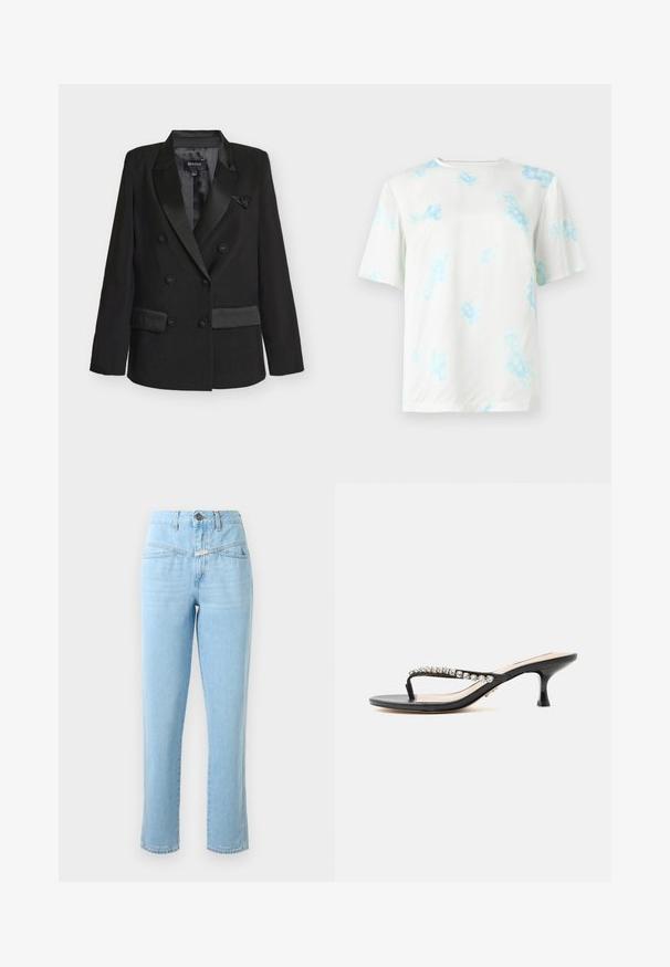 Sort dobbeltradet blazer med satinrevers, to frontlommer og knapdetaljer. Glat stoftekstur med en skræddersyet pasform.; Hvid T-shirt med korte ærmer og lyseblåt blomster- tie-dye mønster, rund hals og almindelig pasform vist på en ensfarvet baggrund.; Højtaljede lyseblå denimjeans med frontlommer, knap- og lynlåslukning samt lige ben.; Sort sandal med hæl med tynde stropper pyntet med klare rhinsten og en lav kitten hæl på hvid baggrund.